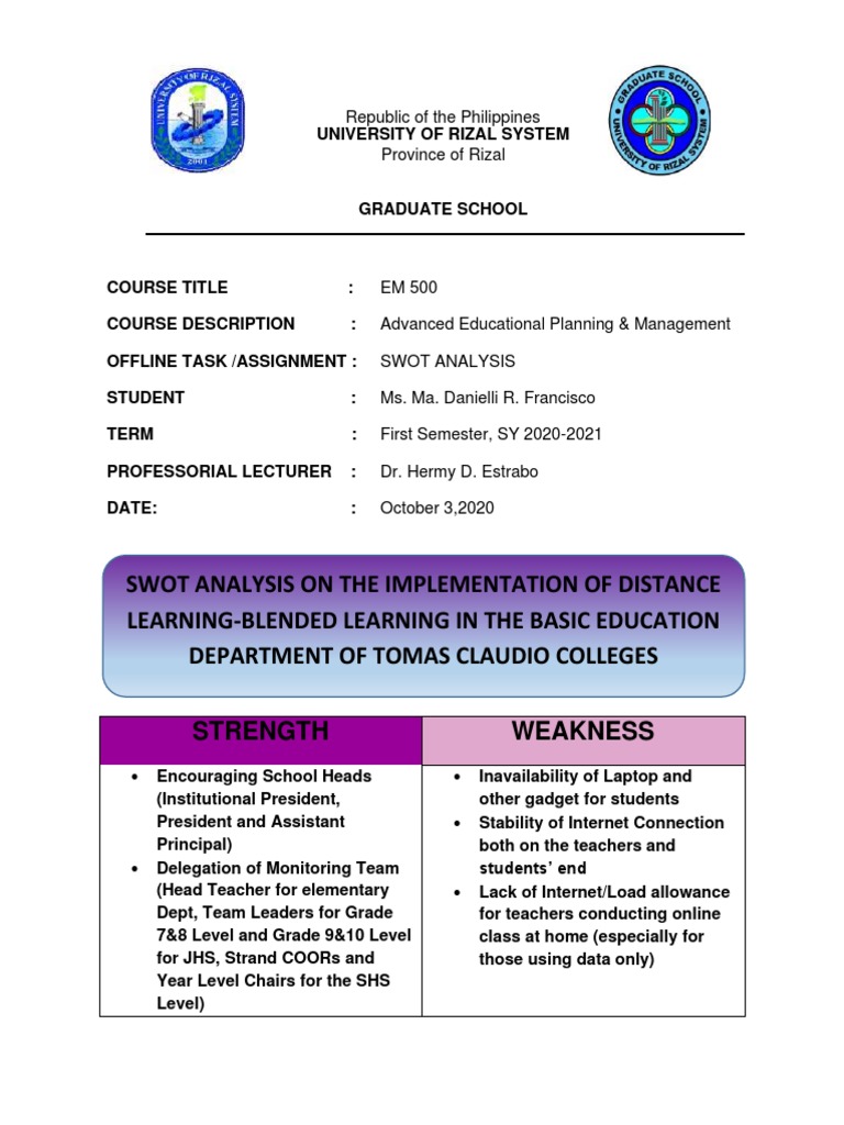SWOT Analysis of Distance Learning Implementation | PDF | Online And ...