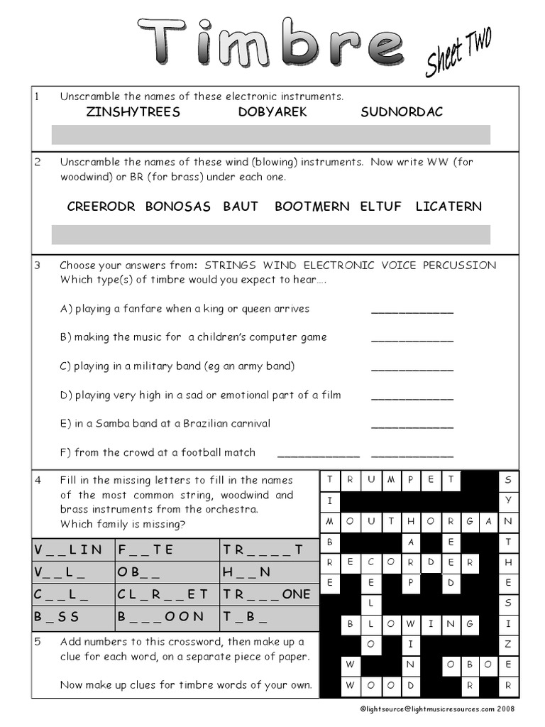 Timbre Puzzle Sheet PDF Music Production Musical Instruments