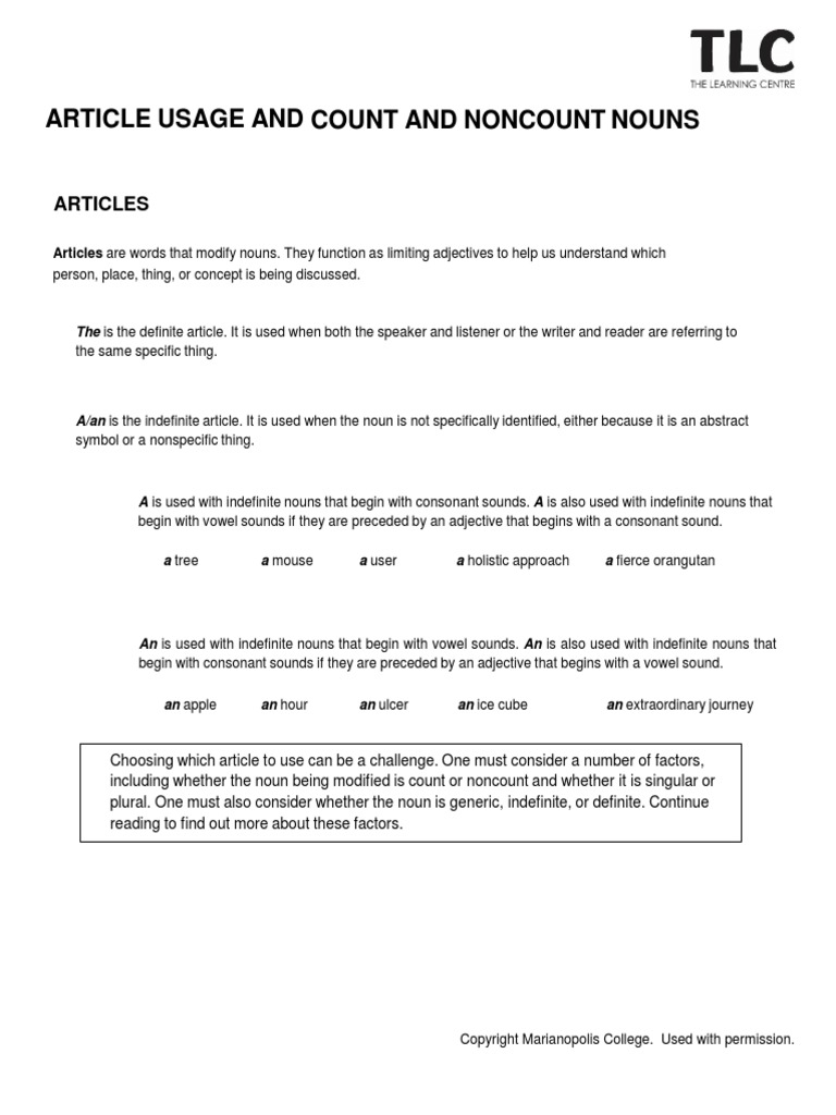 Article Usage Count Non Count Nouns | PDF | Noun | Grammatical Number