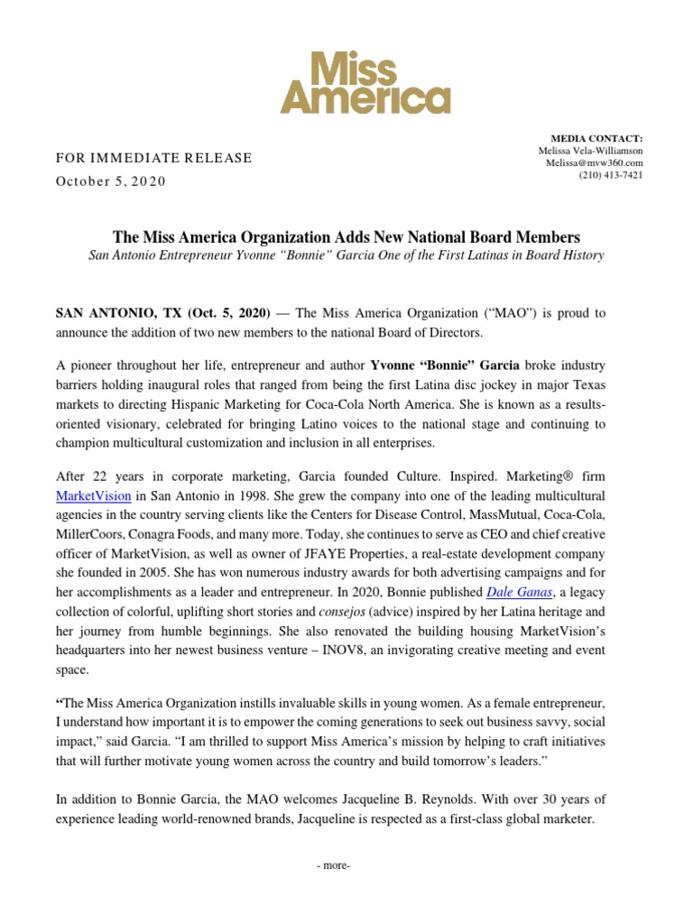 Bonnie Garcia Named One of New National Board Members To Miss America