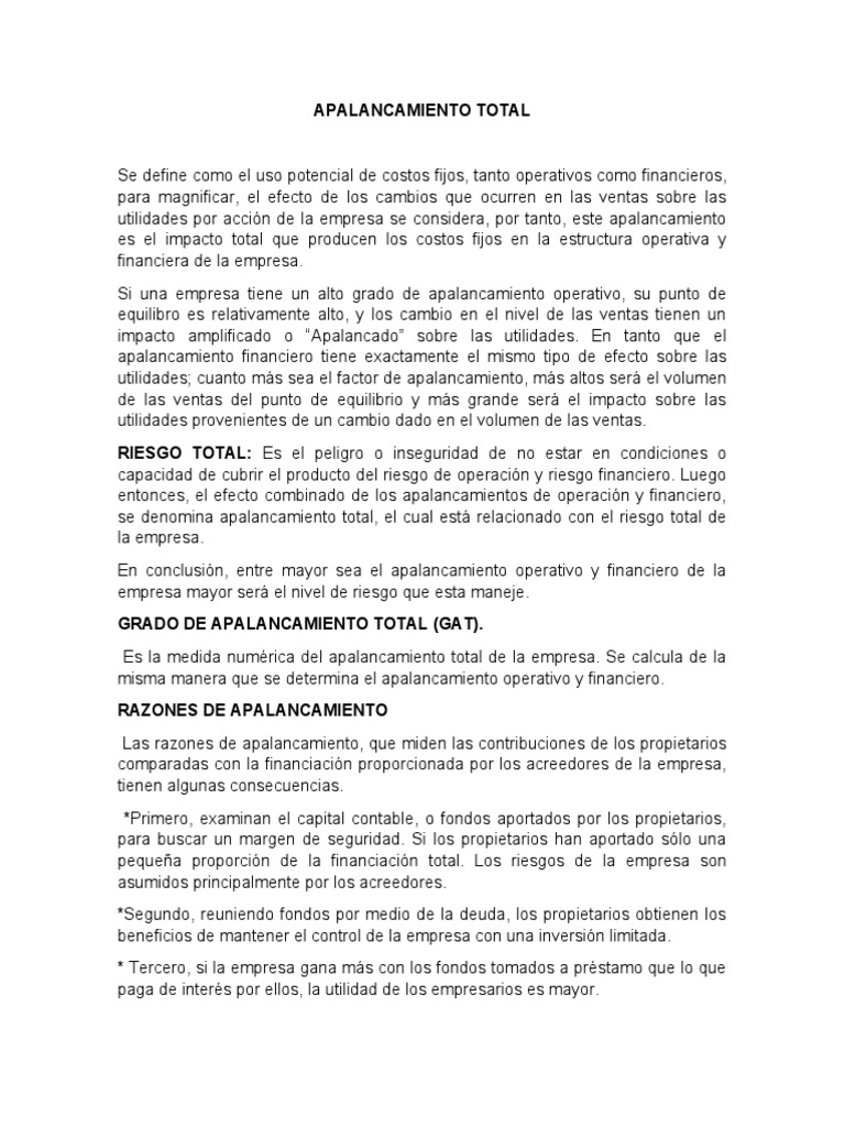 Definición de Apalancamiento Total | PDF | Apalancamiento (Finanzas ...