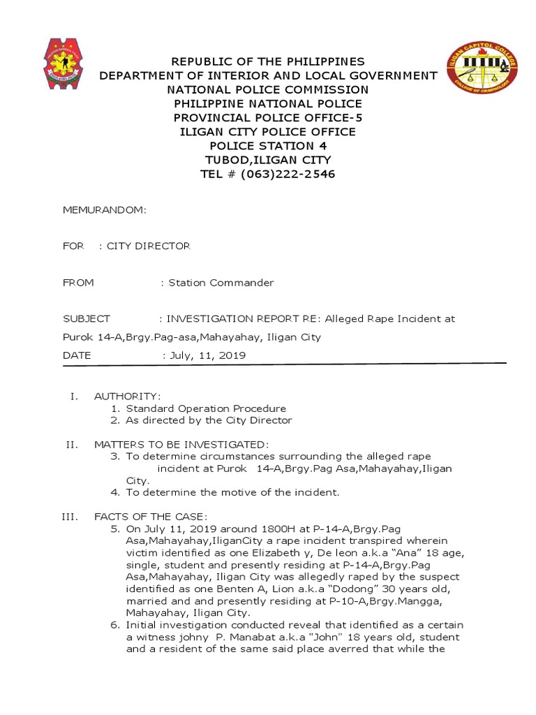 Police Report: Iligan City Rape Case | PDF | Rape | Crime & Violence