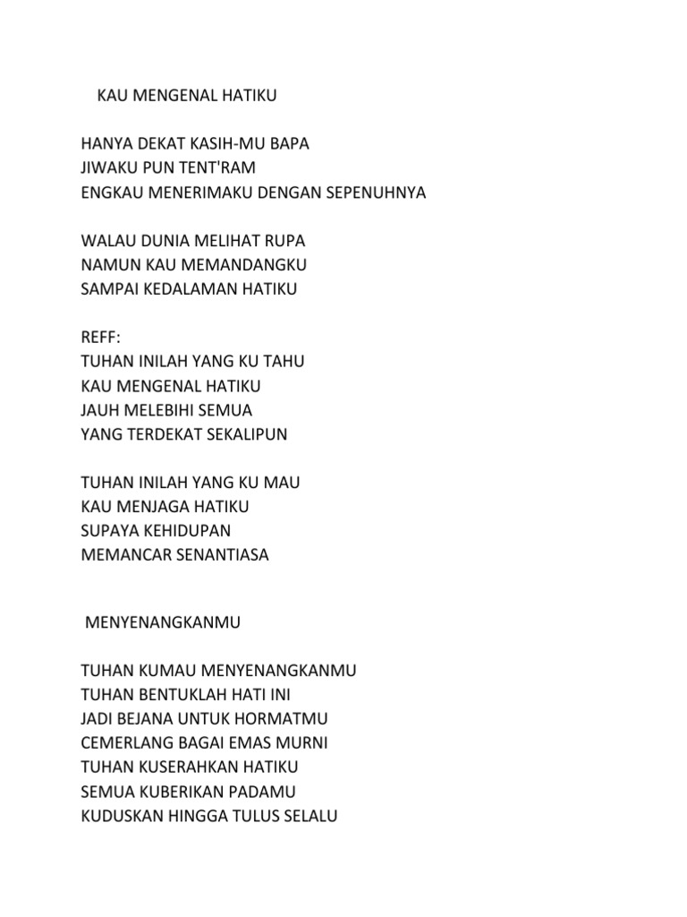 Lirik Lagu Rohani Mengenal Hatiku | PDF | Agama & Spiritualitas | Puisi