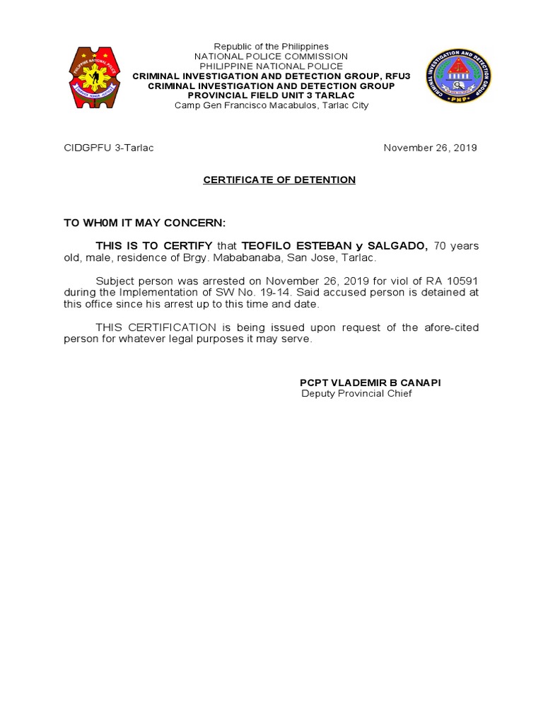 Certificate of Detention PDF