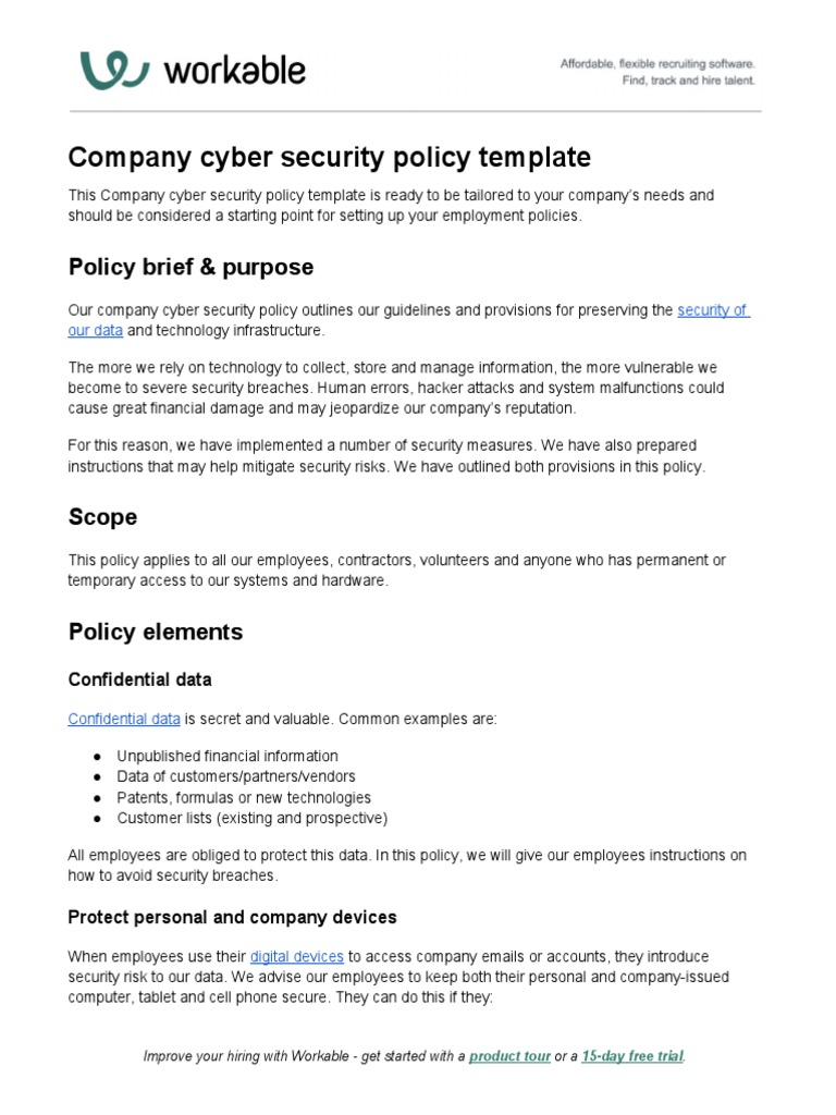 Company Cyber Security Policy Template 1 PDF Password Computer Security