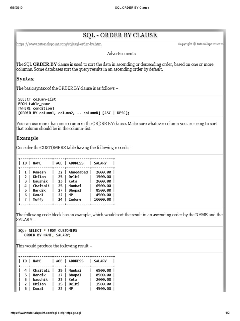 9 SQL ORDER BY Clause | PDF