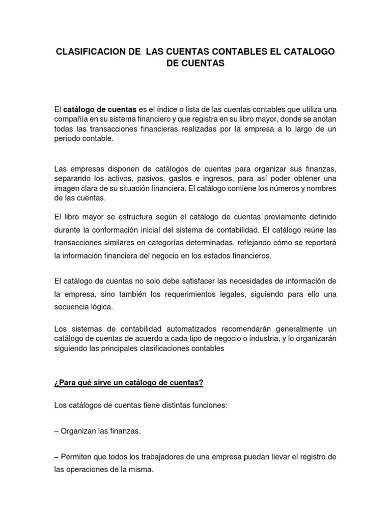 Clasificación del Catálogo de Cuentas Contables | PDF | Contabilidad ...