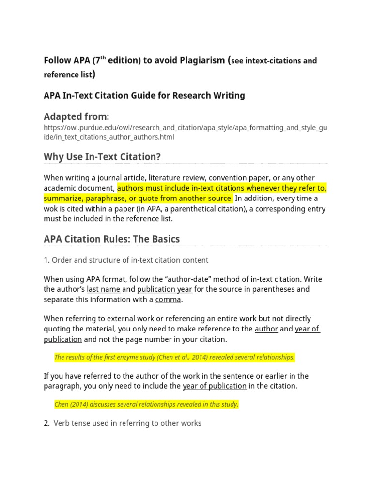 Adapted From:: Follow APA (7 Edition) To Avoid Plagiarism | PDF