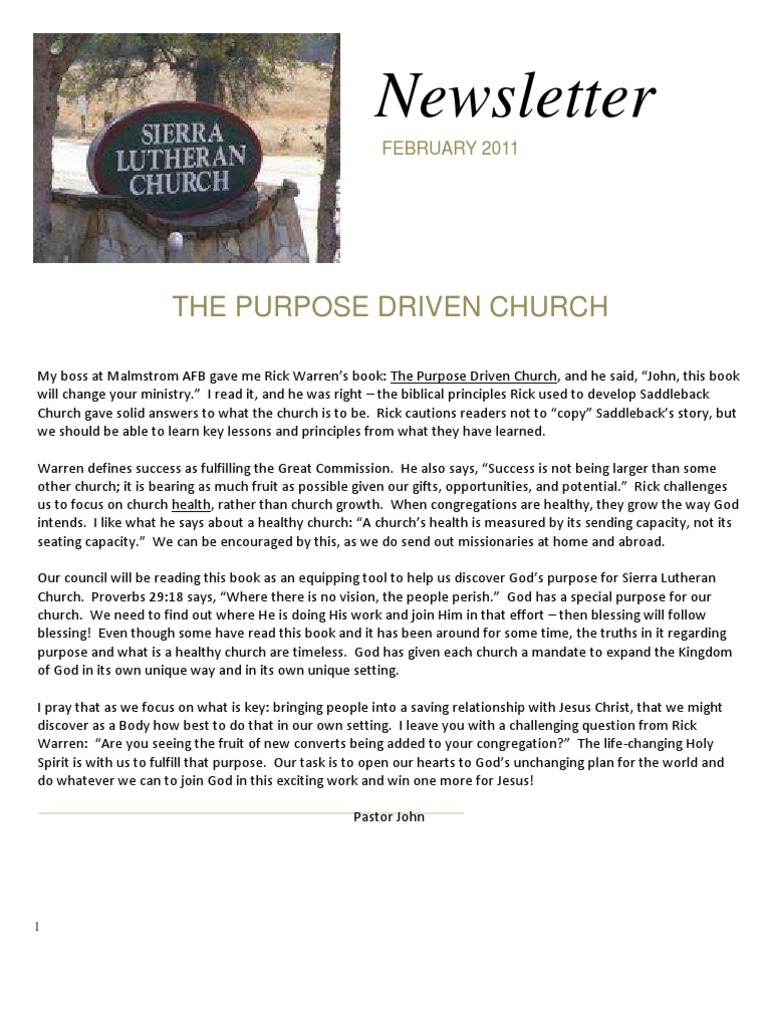 Newsletter The Purpose Driven Church PDF Prayer Jesus