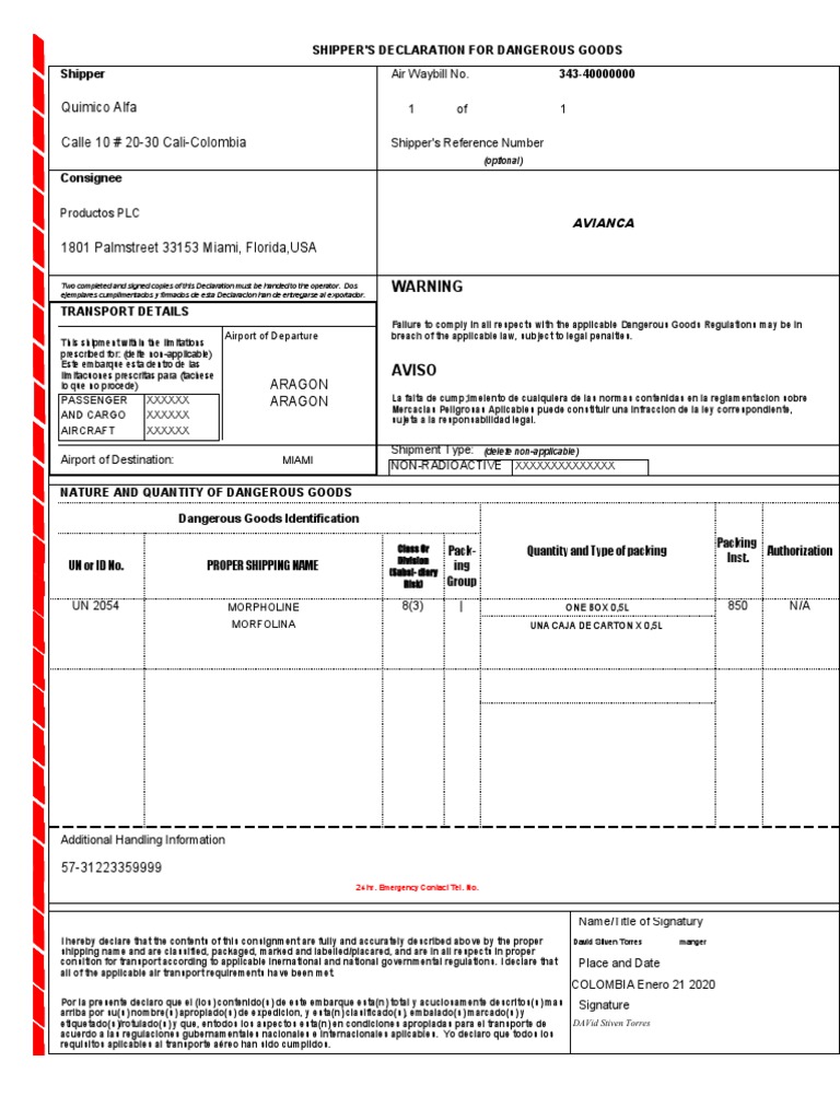 Shipper's Declaration for Dangerous Goods | PDF | Dangerous Goods ...