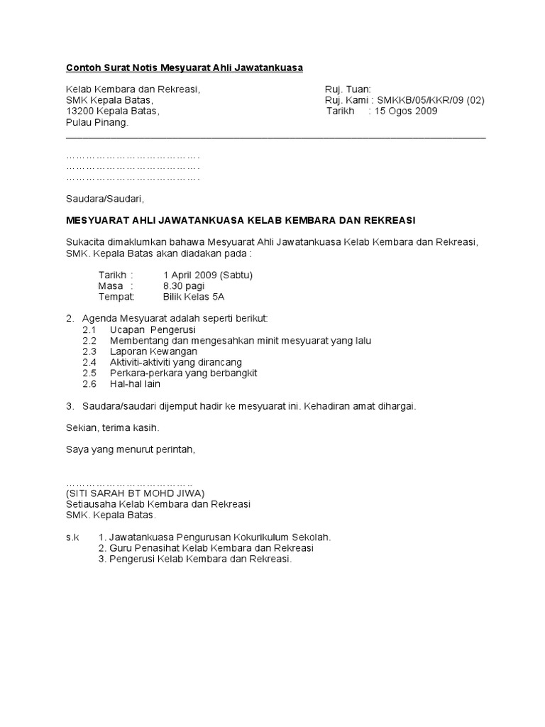 Surat Notis Kepada Ahli Ajk Penetapan Tarikh Jadual Mesyuarat Bulanan
