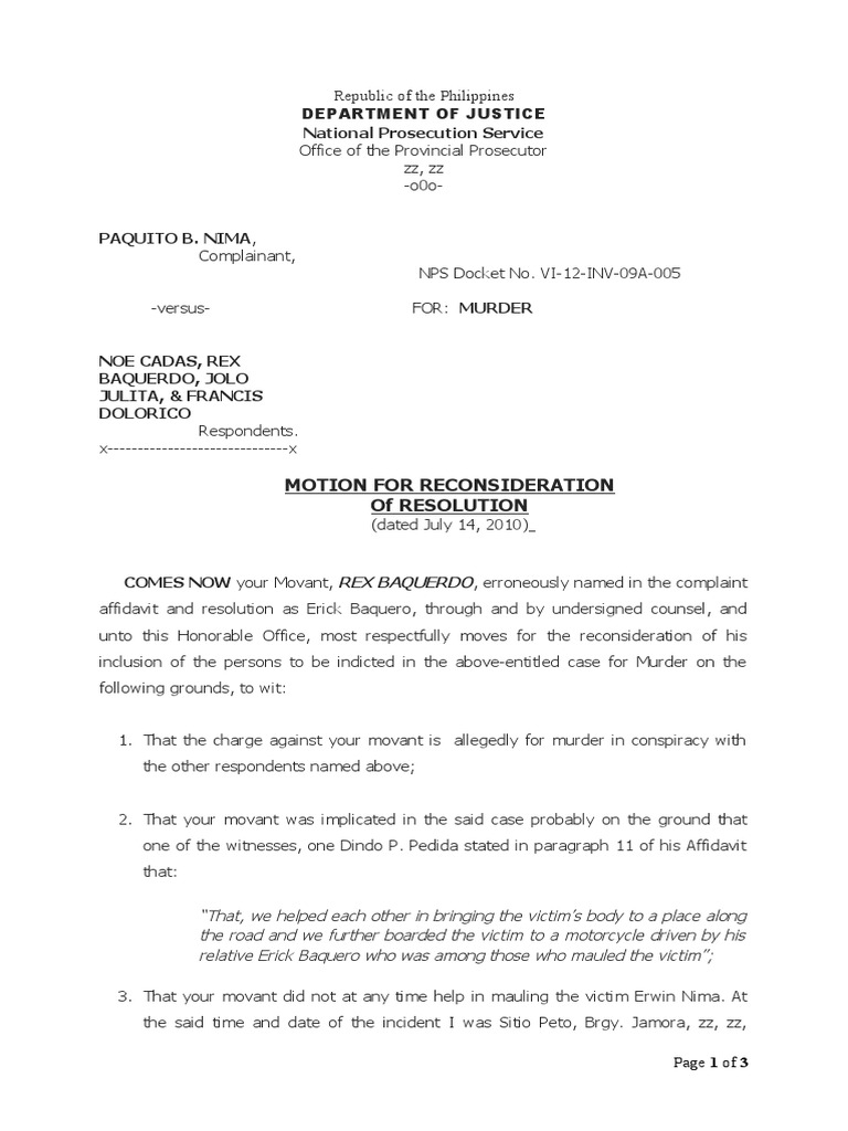 National Prosecution Service Motion For Reconsideration of Resolution