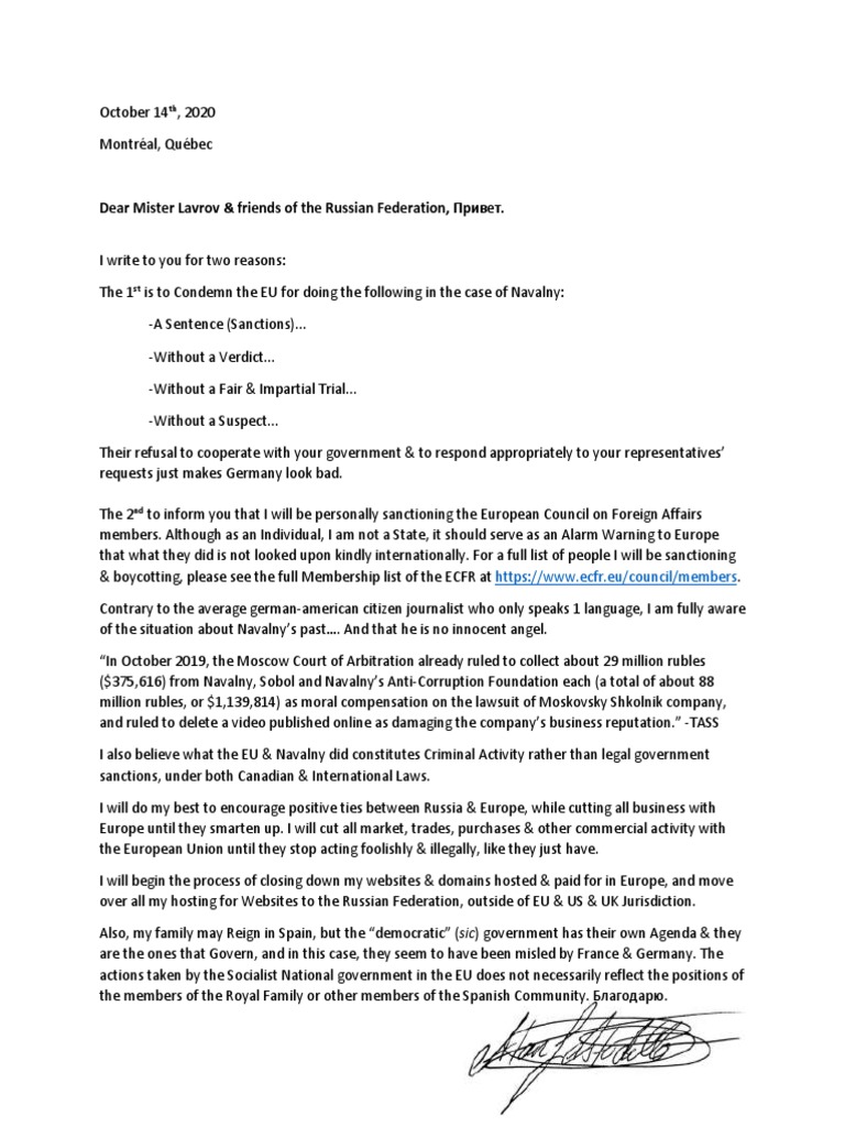 Dear Mister Lavrov & friends of the Russian Federation, Привет ...