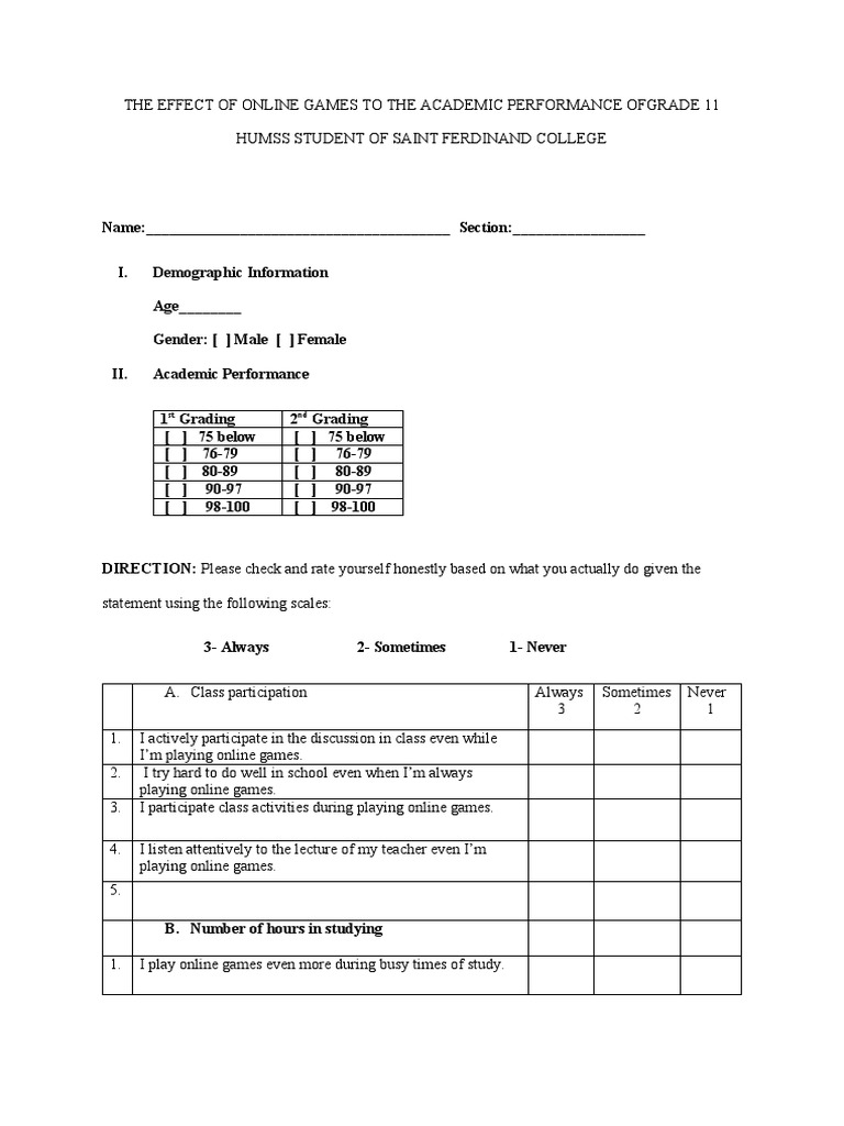 Questionnaire On The Effect of Online Games To The Performance of