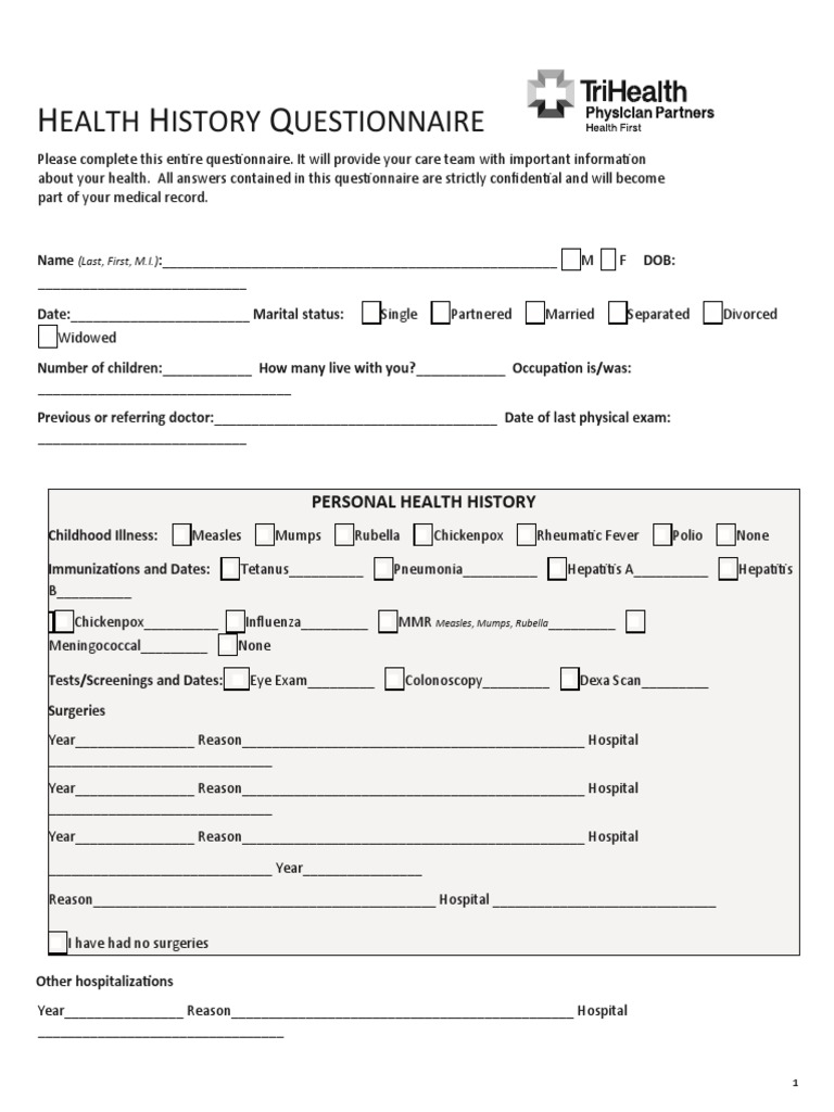 Ealth Istory Uestionnaire: Personal Health History | PDF | Hepatitis ...