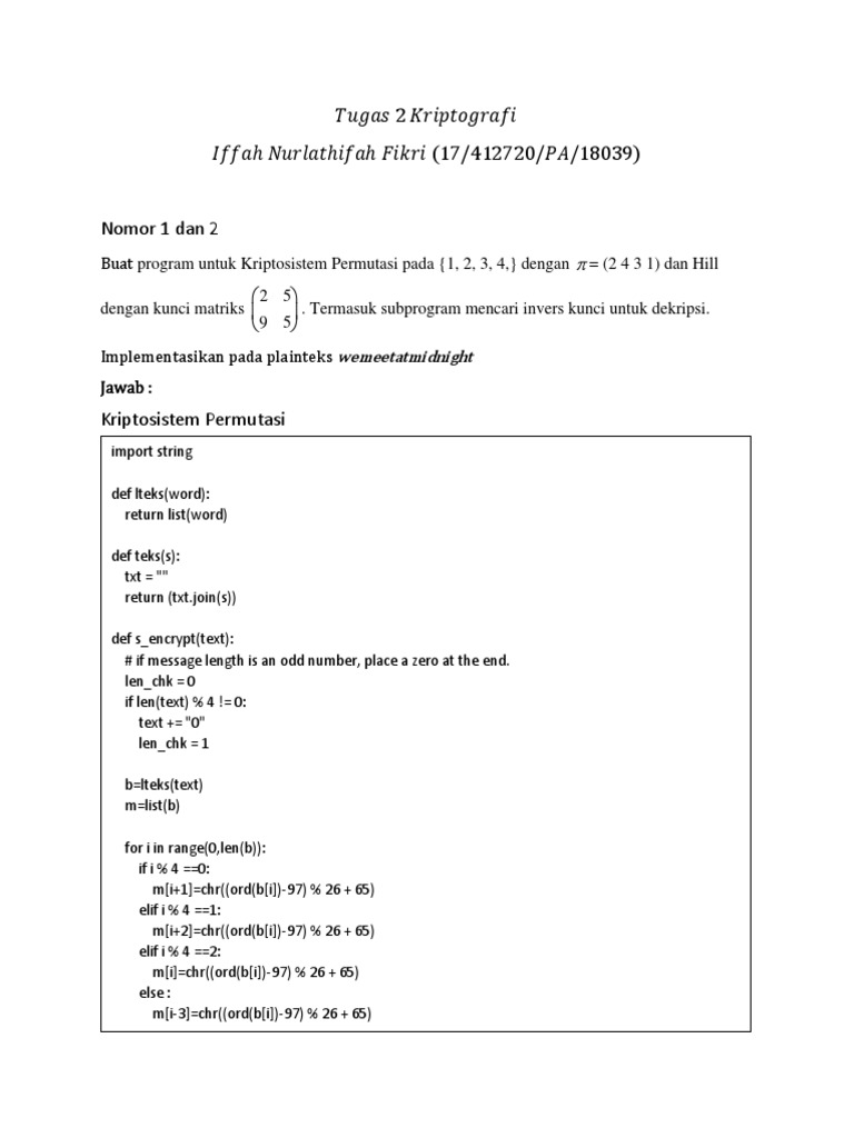 Kriptografi: Permutasi dan Hill Cipher | PDF | Cryptography | Secure ...
