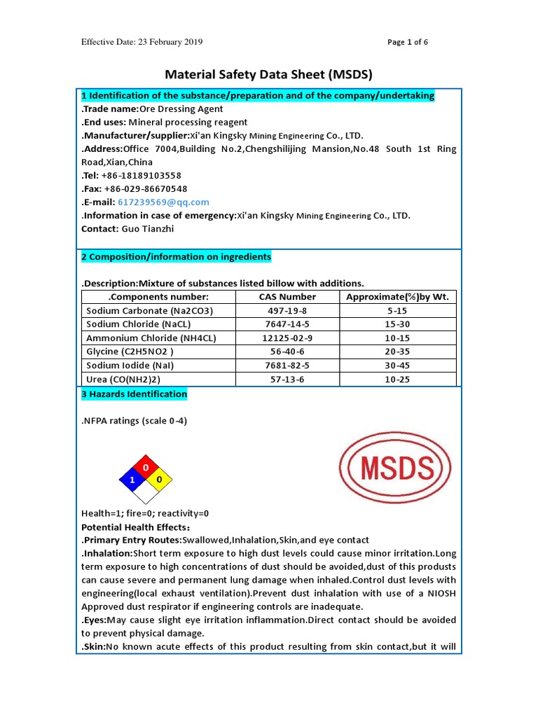 MSDS Ore Dressing Agent PDF Dangerous Goods Hazardous Waste