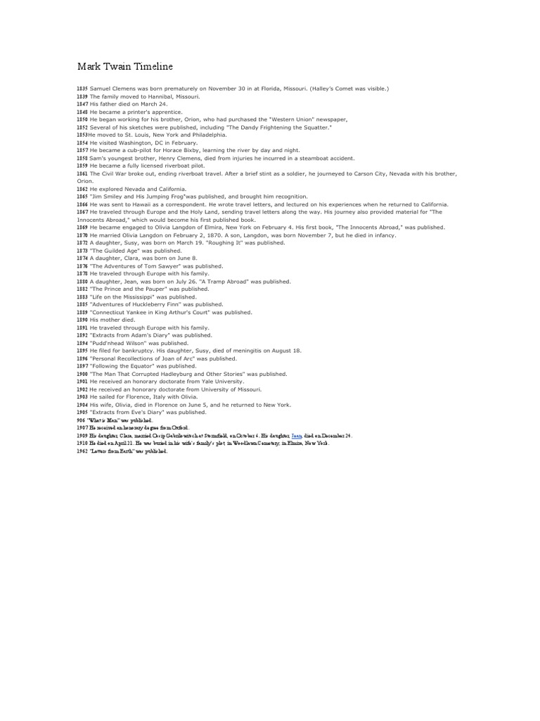 Mark Twain's Life and Works Timeline PDF Mark Twain