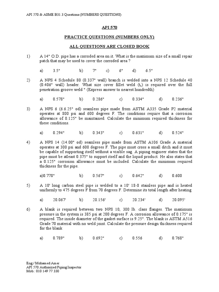 API 570 Numerical Practice Questions | PDF | Pipe (Fluid Conveyance ...