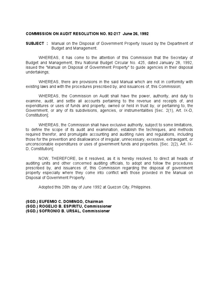 COA Resolution on Property Disposal | PDF