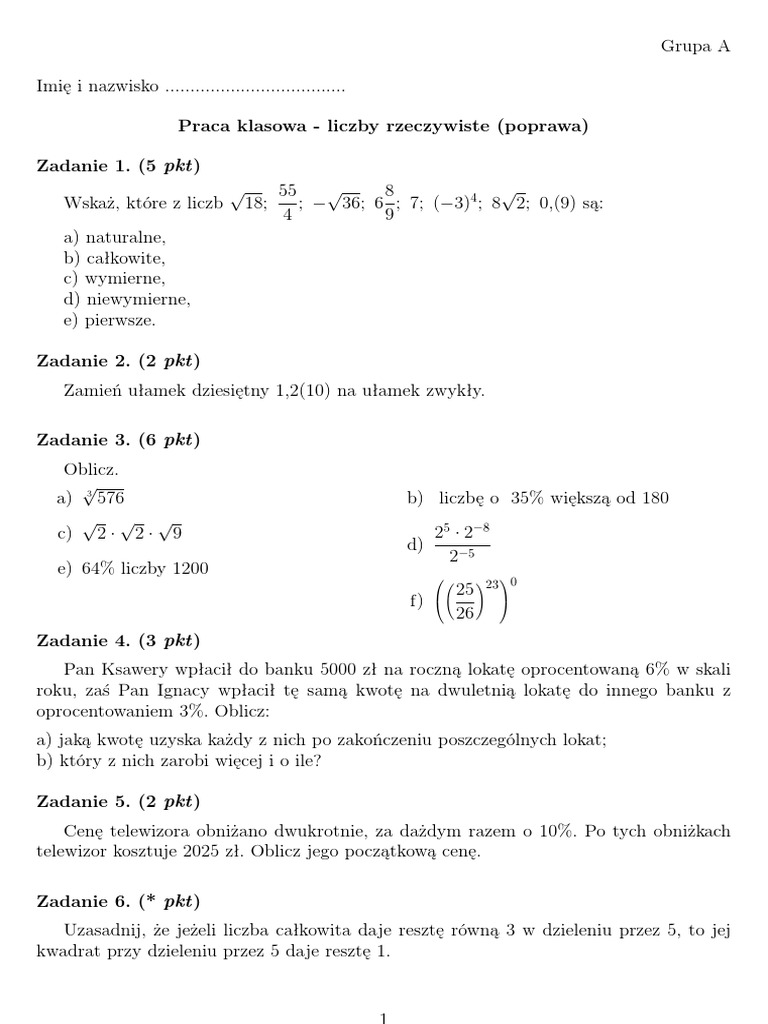 Sprawdzian Z Matematyki Klasa 1 Liceum Liczby Rzeczywiste Nowa Era