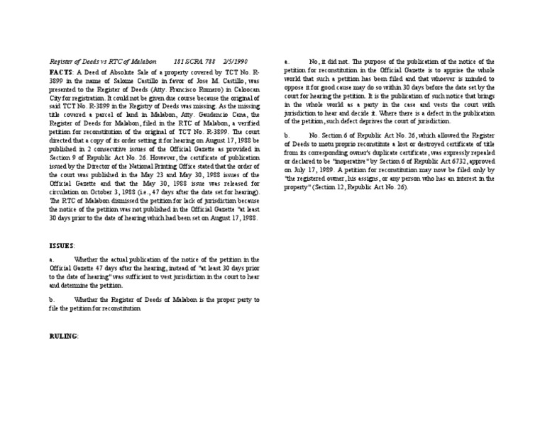 Register of Deeds vs RTC Malabon Ruling | PDF | Civil Law (Common Law ...