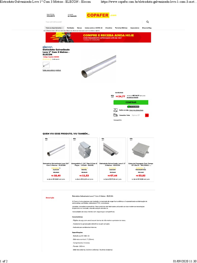 Eletroduto Galvanizado Leve 1 Com 3 Metros - ELECON - Elecon | PDF