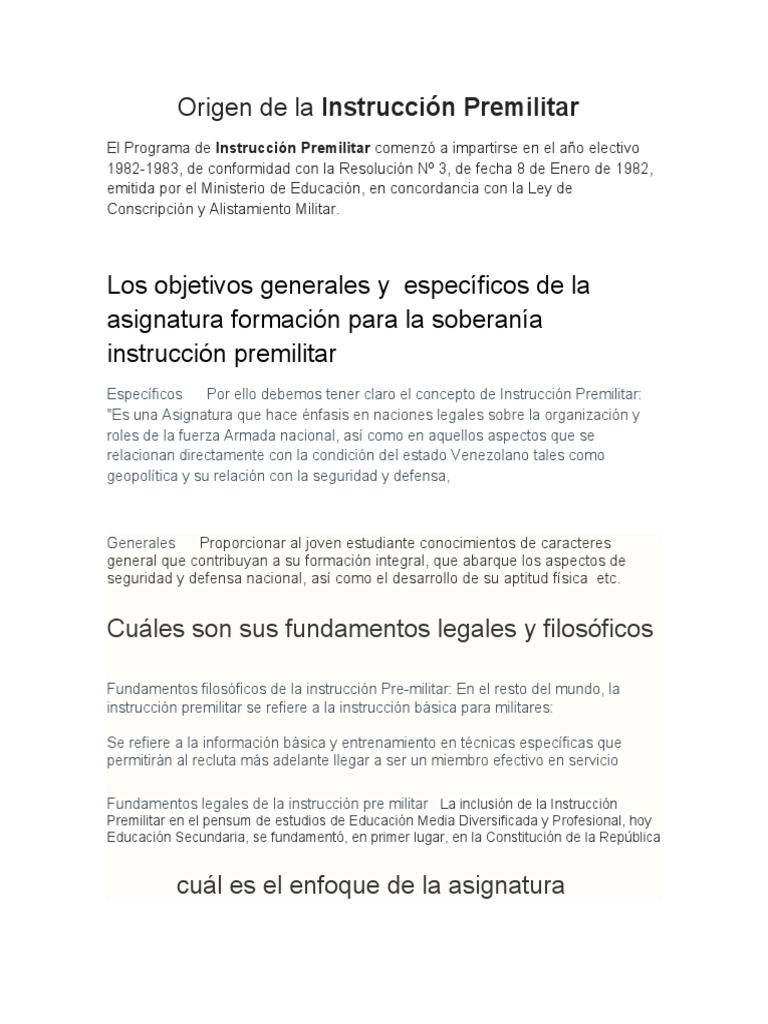 Origen y Objetivos de la Instrucción Premilitar | PDF | Ley Pública ...