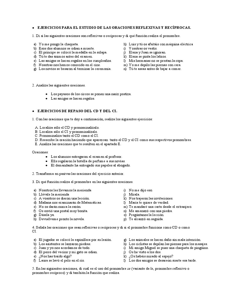 Ejercicios de Oraciones Reflexivas y Recíprocas | PDF | Artes del ...