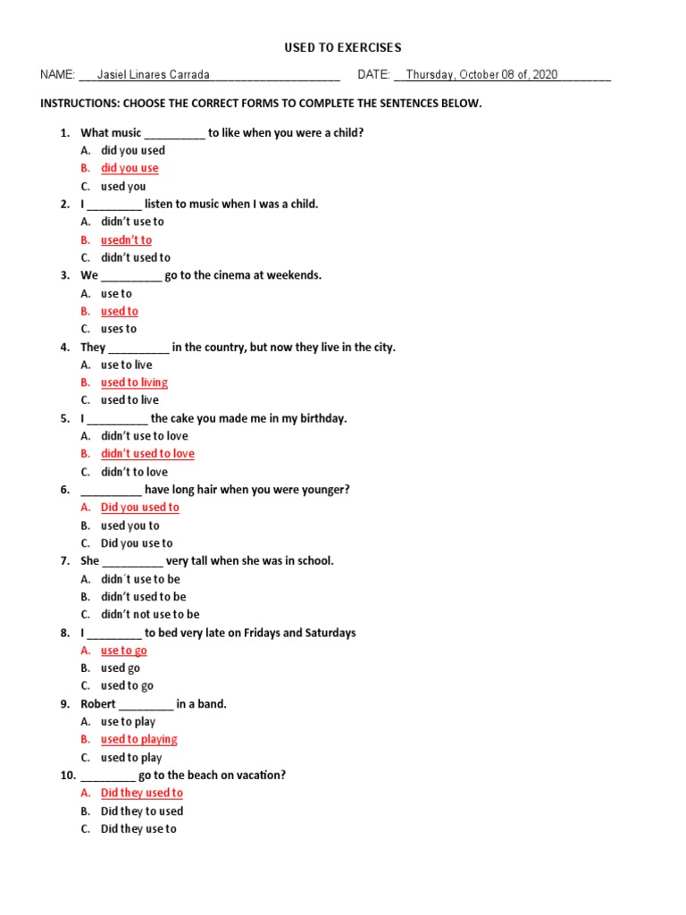 Used To Exercises PDF Language Arts Discipline