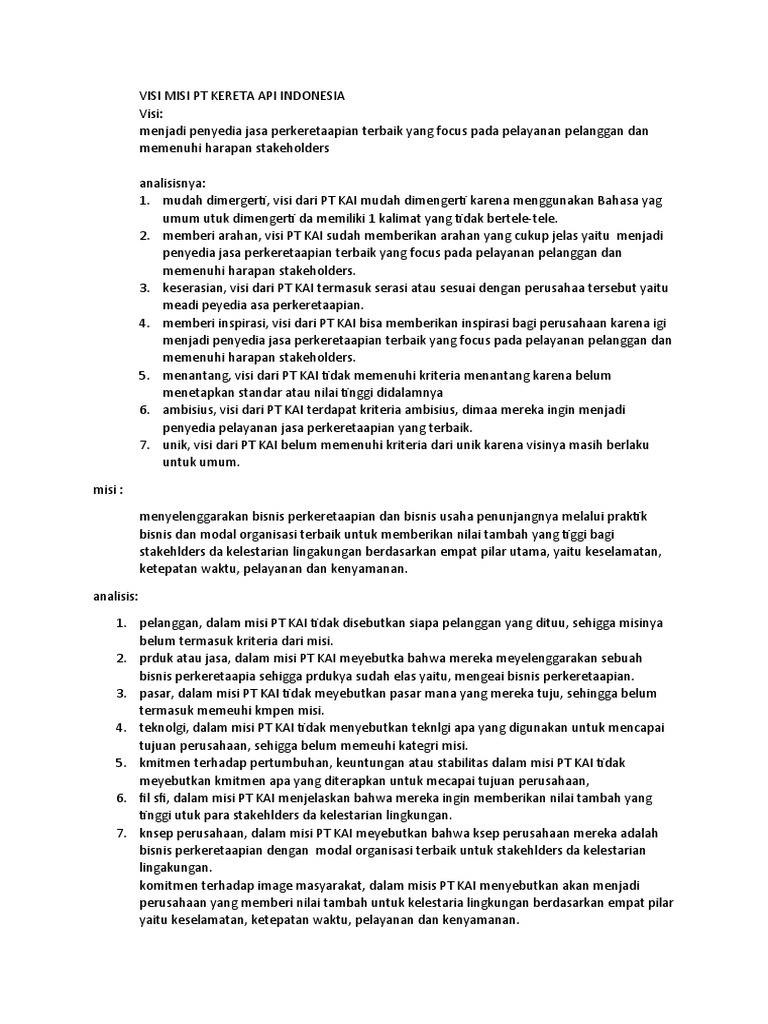 Visi Misi PT Kereta Api Indonesia | PDF