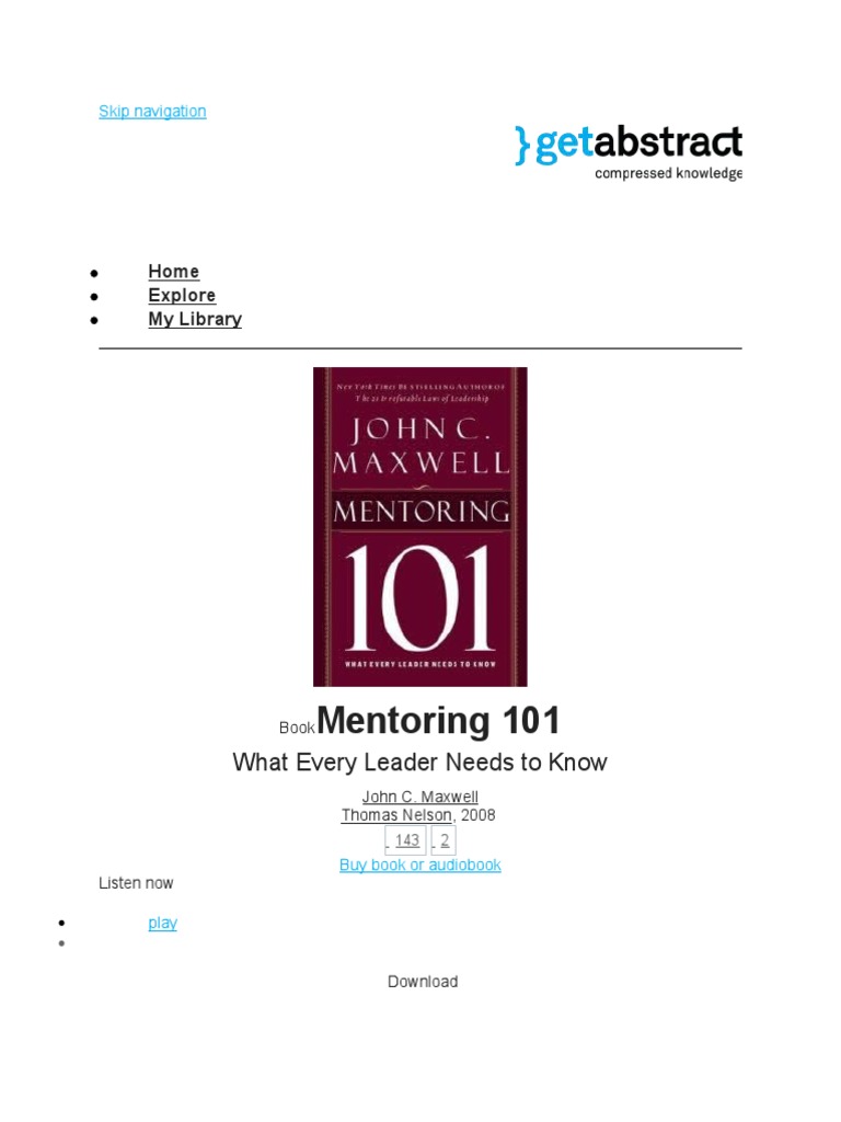 Mentoring 101 What Every Leader Needs To Know Pdf Mentorship