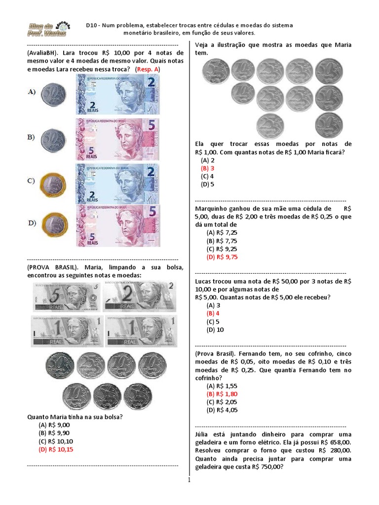 D10 (5º ANO - Mat.) - Sistema Monetário | Download grátis PDF | Moeda ...