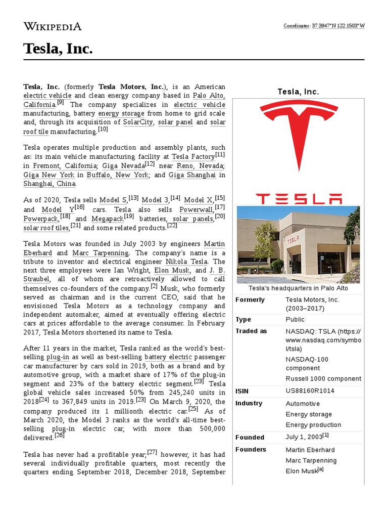 Forfølgelse typisk Donau Tesla, Inc PDF | PDF | Tesla Model S | Electric Car