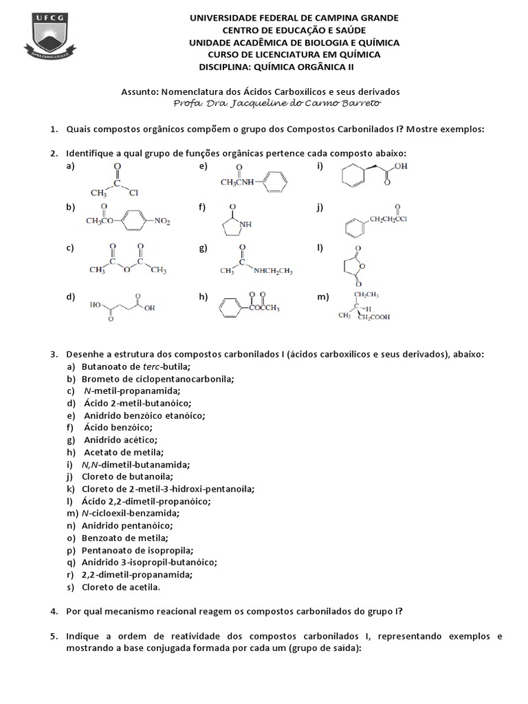 Lista de Exercícios - Nomenclatura Dos Ácidos Carboxílicos e Seus ...