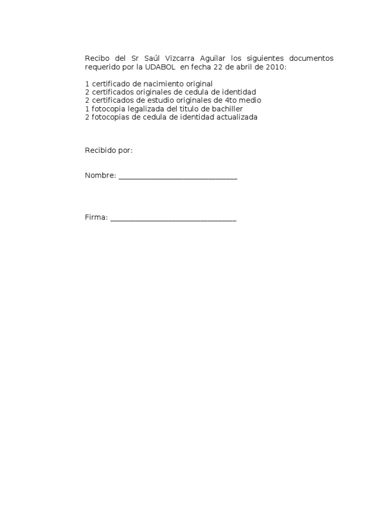 Carta recepcion de documentos