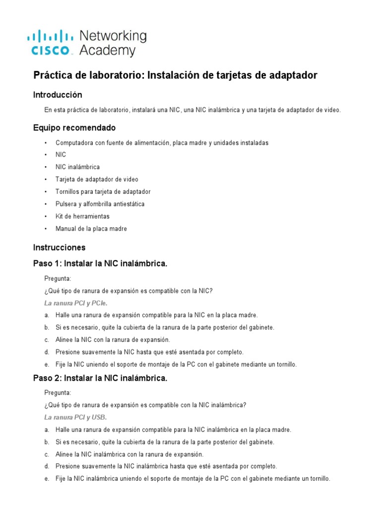 2.1.5.6 Lab Install Adapter Cards PDF Arquitectura X86