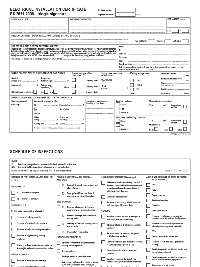 BS 7671 Electrical Installation Certificate | PDF | Electrical Wiring ...