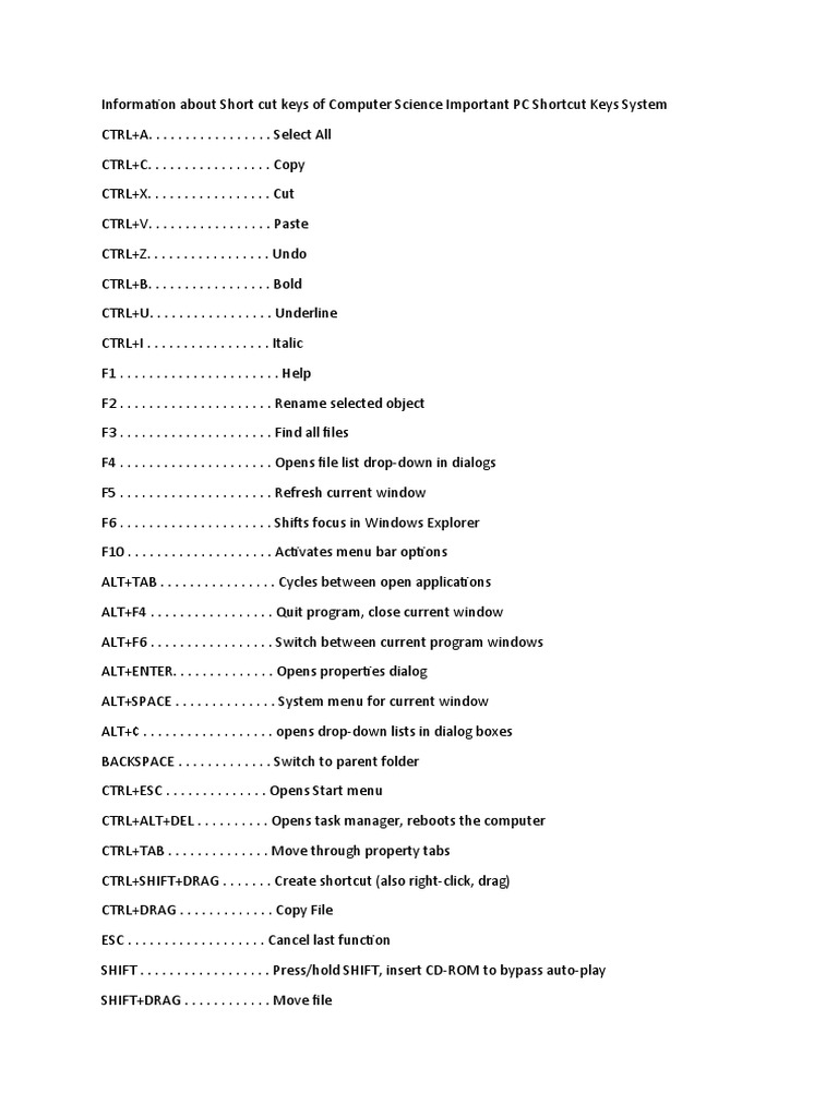 Important Pc Shortcut Keys Docx Human Computer Interaction Ibm Pc Compatibles