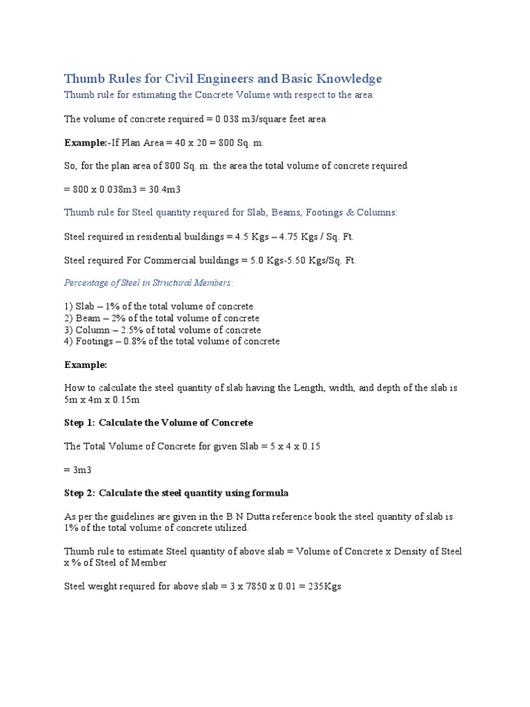 Thumb Rules For Civil Engineers and Basic Knowledge | PDF | Volume | Area
