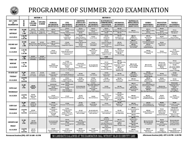 Programme of Summer 2020 Examination No Candidate Is Allowed at The