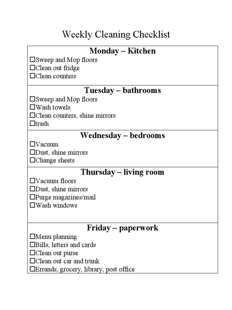 Weekly Cleaning Checklist | PDF