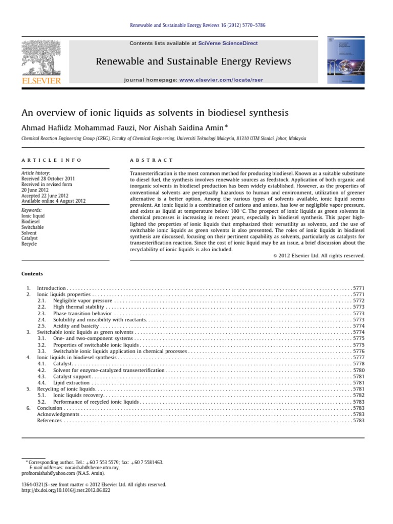 An Overview of Ionic Liquids As Solvents in 2012 Renewable and ...