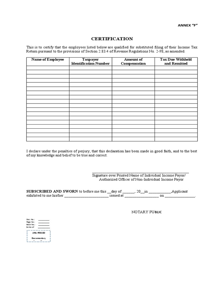 Annex F Certification for Tax Returns | PDF