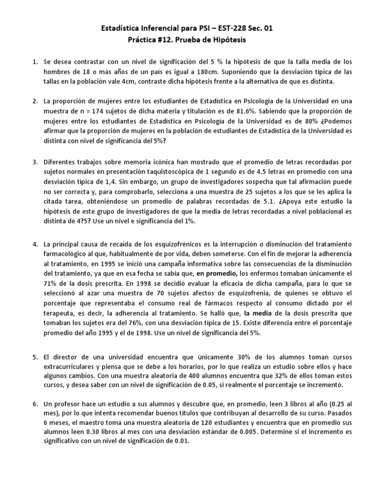 Practica 12-Ejercicios Pruebas de Hipótesis | PDF | Estadísticas ...