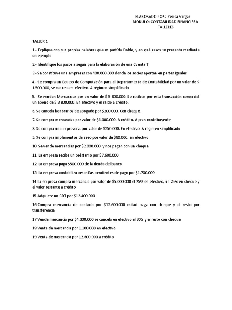 Taller de Contabilidad Financiera | PDF | Finanzas y dinero