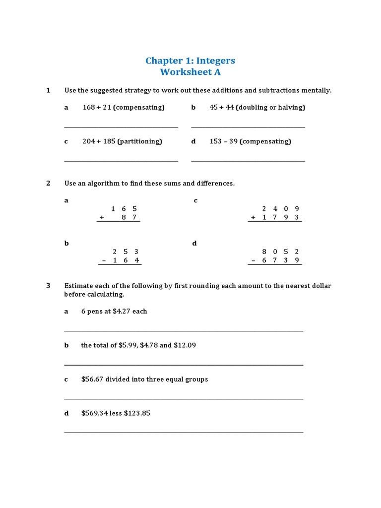 Integers Worksheet for Class 4 Maths | PDF | Algorithms | Arithmetic