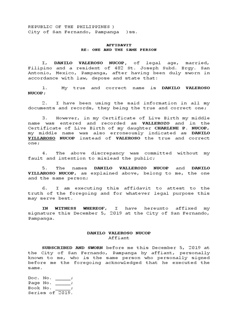 Affidavit Clarifying the Correct Spelling of a Name Due to Clerical