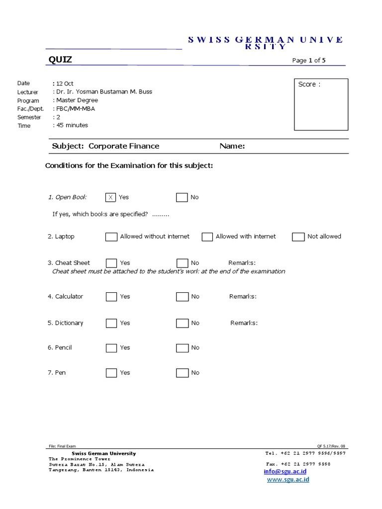 Corporate Finance Quiz for MBA Students | PDF | Dividend | Stocks