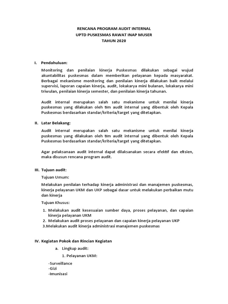 Rencana Audit Internal Puskesmas 2020 | PDF | Bisnis